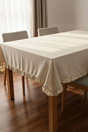 Fırfırlı Krem Pamuklu Çizgi Desenli Masa Örtüsü – Şık ve Zarif Tasarım