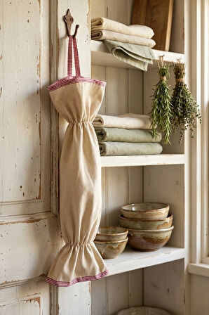 Pembe Biyeli Bej Renk Poşetlik – Mutfak Düzenleyici Askılı Çanta – 50 cm Bez Poşet Saklama Torbası