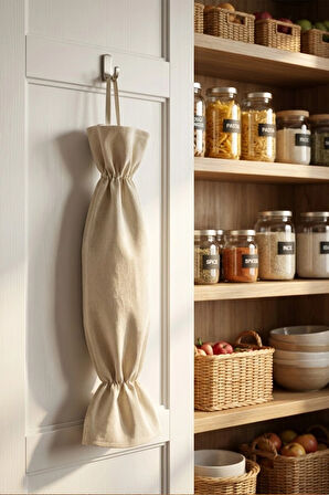 Bej Renk Poşetlik – Mutfak Düzenleyici Askılı Çanta – 50 cm Bez Poşet Saklama Torbası
