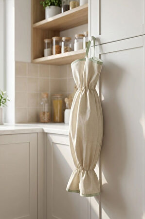 Yeşil Biyeli Bej Renk Poşetlik – Mutfak Düzenleyici Askılı Çanta – 50 cm Bez Poşet Saklama Torbası