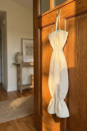 Yeşil Biyeli Bej Renk Poşetlik – Mutfak Düzenleyici Askılı Çanta – 50 cm Bez Poşet Saklama Torbası