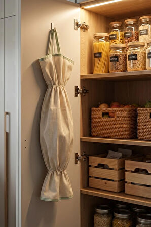 Yeşil Biyeli Bej Renk Poşetlik – Mutfak Düzenleyici Askılı Çanta – 50 cm Bez Poşet Saklama Torbası