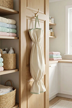 Yeşil Biyeli Bej Renk Poşetlik – Mutfak Düzenleyici Askılı Çanta – 50 cm Bez Poşet Saklama Torbası