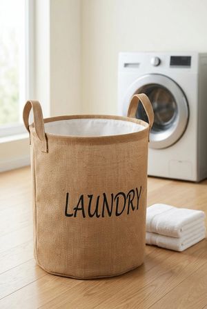 Çamaşır Sepeti Kumaş Kulplu Jüt Kumaş Katlanabilir Laundry Yazılı Bej Renk