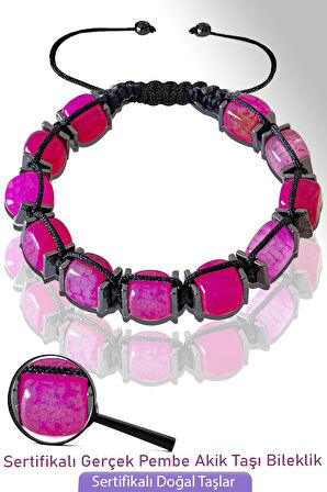 Sertifikalı Küp Model Doğal Pembe Akik Taşı Bileklik - Ayarlamalı