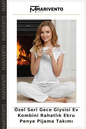 Özel Seri Gece Giysisi Ev Kombini Rahatlık Ekru Penye Pijama Takımı