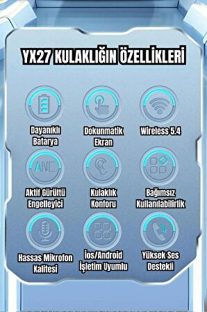 YX27 ANC Bluetooth kablosuz kulaklık TWS dokunmatik LCD ekran ANC aktif gürültü azaltma