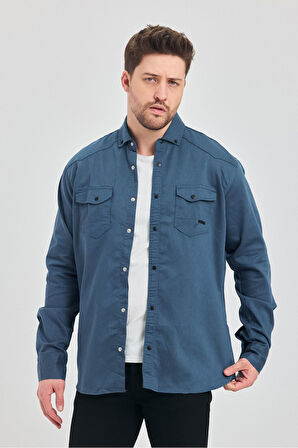 Erkek Likralı Çıtçıtlı Dar Kesim Pamuklu Kot Gömlek