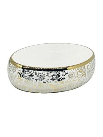 Oval Gold Desenli Tezgah Üstü Seramik Çanak Lavabo 