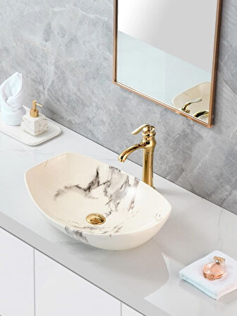 Mermer Desenli Tezgah Üstü Seramik Çanak Lavabo Banyo Lavabosu