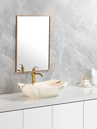 Mermer Desenli Tezgah Üstü Seramik Çanak Lavabo Banyo Lavabosu