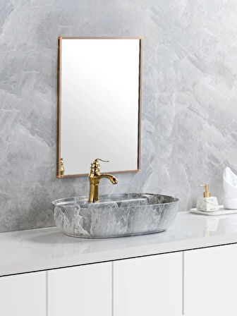 Mermer Desenli Tezgah Üstü Seramik Çanak Lavabo Banyo Lavabosu