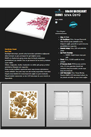 Yaprak Desenli Led Avize, 60x60 led panel armatür, 60watt, beyaz ışık, gün ışığı tercihe bağlı lamba