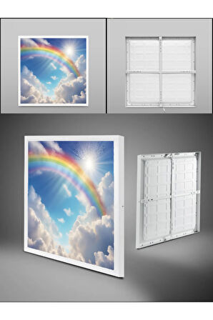 Gökkuşağı Led Avize, Çocuk Odası Tavan Lambası, 60cm X 60cm Kare  Baskılı Led Avize, Beyaz Işık,