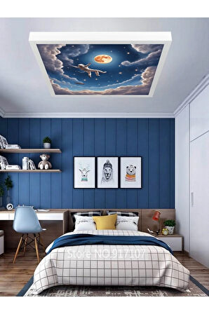 Uzay, Astronot, Yıldız avize, 60watt, beyaz ışık, 60x60 modern kare led avize, Çocuk odası uzay