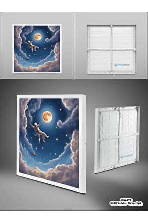 Uzay, Astronot, Yıldız avize, 60watt, beyaz ışık, 60x60 modern kare led avize, Çocuk odası uzay