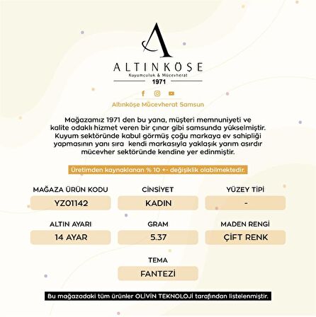 14 Ayar Çift Renk Swarovski Taşlı Fantezi Yüzük