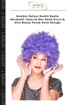 Kombin Detayı Renkli Başlık Hareketli Tasarım Mor Renk Kıvırcık Afro Bonus Peruk Parti Peruğu