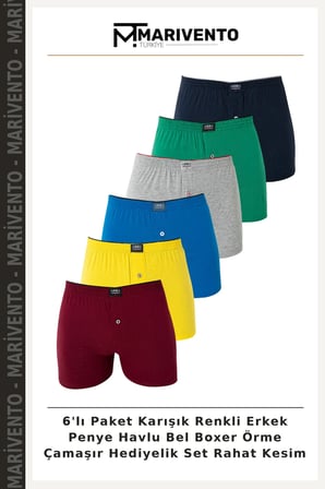 6'lı Paket Karışık Renkli Erkek Penye Havlu Bel Boxer Örme Çamaşır Hediyelik Set Rahat Kesim