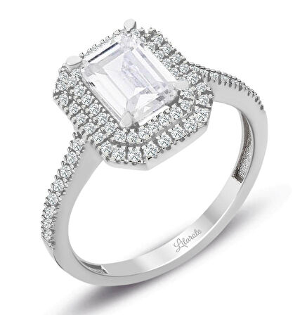 3 Karat Görünümlü Baget Kesim Beyaz Altın Yüzük