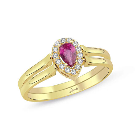 Özel Döndürülebilir Kırmızı Ve Yeşil Damla Taşlı Altın Yüzük