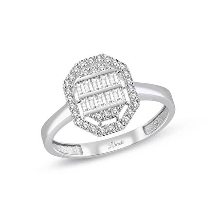 Sekizgen Baget Taşlı Beyaz Altın Yüzük