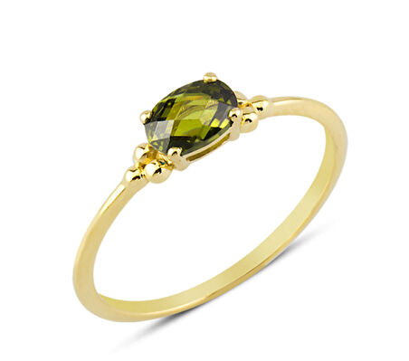 14 Ayar Altın Yeşil Oval Taşlı Yüzük YZK008A