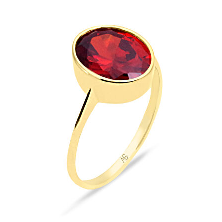 Kırmızı Oval Taşlı Altın Yüzük (YZK0111)