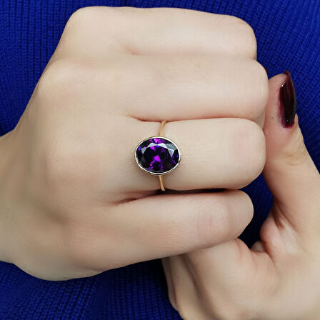 İşlemeli Yuva Altın Ametist Yüzük (YZK0119)