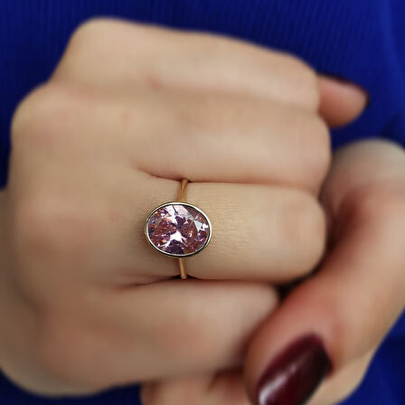 Altın 14 Ayar Pembe Taşlı Yüzük (YZK0120)