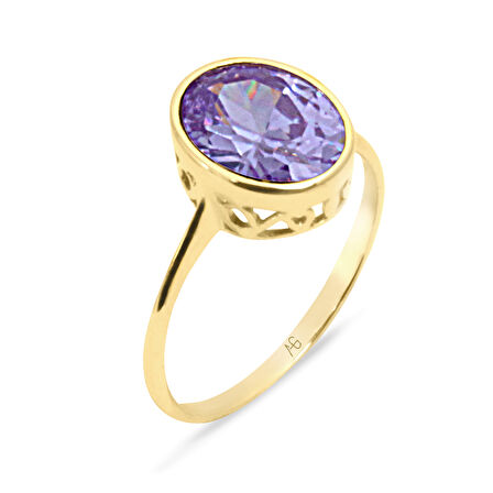 İşlemeli Yuva Altın Lila Taşlı Yüzük (YZK0121)