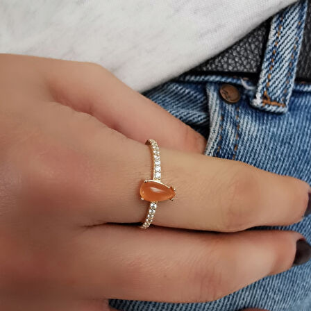 Turuncu Damla Taşlı Altın Spor Yüzük (YZK0137)