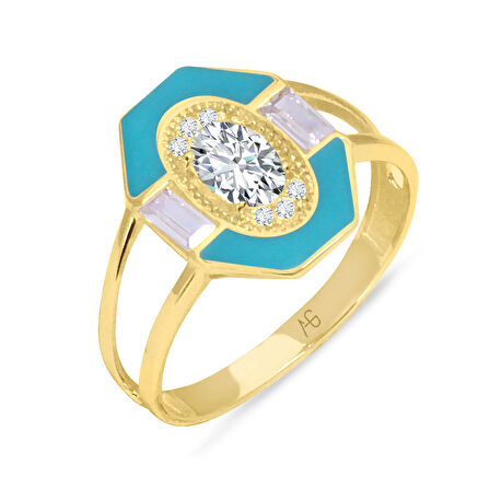 Turkuaz Mine Detaylı Altın Baget Yüzük (YZK0147)