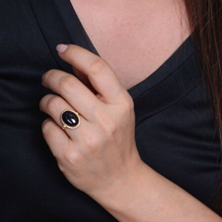 Altın 14 Ayar Simli Onix Taşlı Nostalji Yüzük (YZK0218)