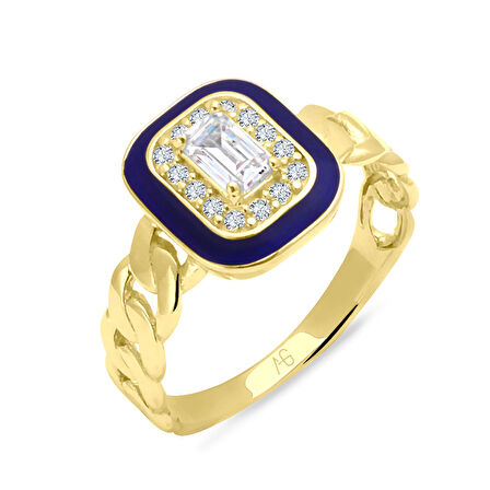 Lacivert Mine Detaylı Altın Baget Taşlı Yüzük (YZK0226)