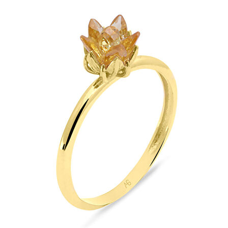 Sarı Taşlı Altın Lotus Çiçeği Yüzük (YZK0254)