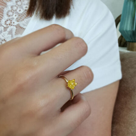 Sarı Taşlı Altın Lotus Çiçeği Yüzük (YZK0254)