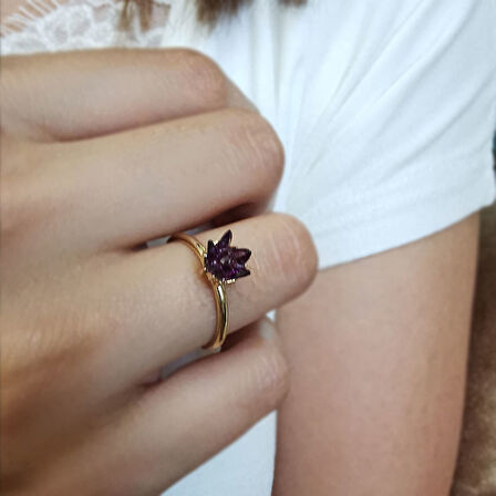 Altın Ametist Taşlı Lotus Çiçeği Yüzük (YZK0257)