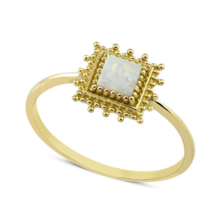 Harem Altın 14 Ayar Altın Beyaz Kare Taşlı Yüzük YZK053