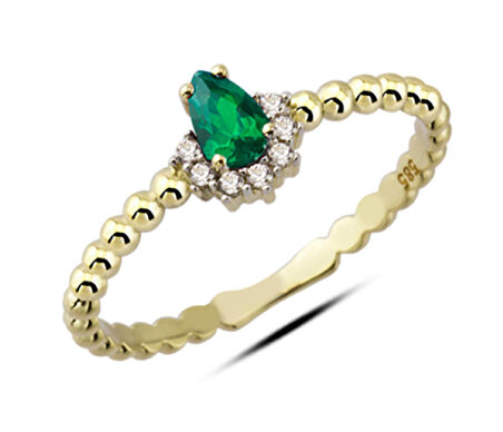 14 Ayar Altın Yeşil Damla Taşlı Yüzük YZK107A