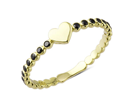 14 Ayar Altın Kalpli Siyah Mini Taşlı Yüzük YZK109B