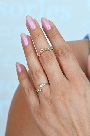 Şarmaşık Çiçek Prenses Tacı Figürlü Yüzük Ayarlanabilir Eklem Yüzüğü İnce Yüzük Seti Gold