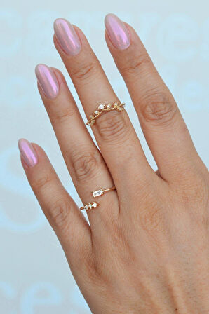 Şarmaşık Çiçek Prenses Tacı Figürlü Yüzük Ayarlanabilir Eklem Yüzüğü İnce Yüzük Seti Gold