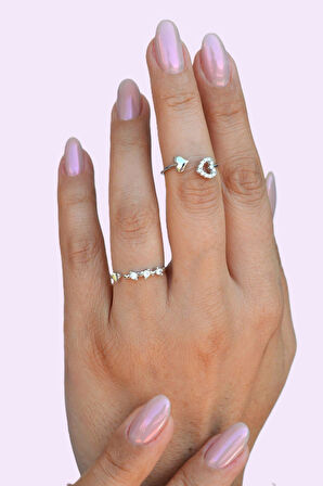 Mini Kalpli İkili Yüzük Ayarlanabilir Eklem Yüzüğü İnce Yüzük Seti Gümüş Renk