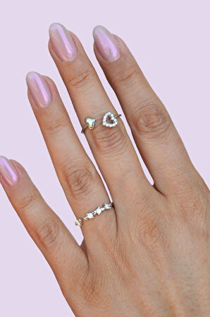 Mini Kalpli İkili Yüzük Ayarlanabilir Eklem Yüzüğü İnce Yüzük Seti Gümüş Renk