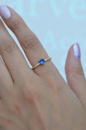 Okyanusun Kalbi Mavi Kalpli Yüzük Ayarlanabilir İnce Taşlı Yüzük