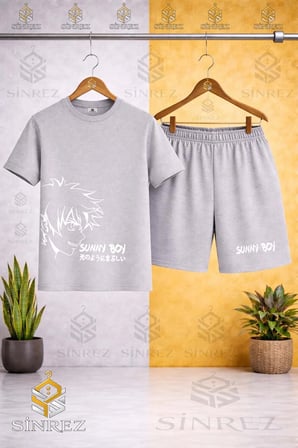 Çocuk Unisex SUNNY BOY BEYAZ Baskılı Bisiklet Yaka Tişört - Şort Takım