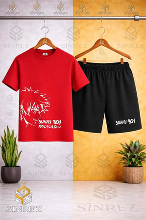 Çocuk Unisex SUNNY BOY BEYAZ Baskılı Bisiklet Yaka Tişört - Şort Takım
