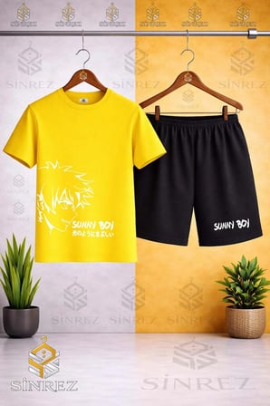 Çocuk Unisex SUNNY BOY BEYAZ Baskılı Bisiklet Yaka Tişört - Şort Takım