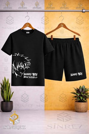 Çocuk Unisex SUNNY BOY BEYAZ Baskılı Bisiklet Yaka Tişört - Şort Takım